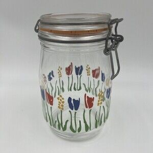 1 L Arc France Glass Canister Jar Tulip Floral Hinged‎ Lid